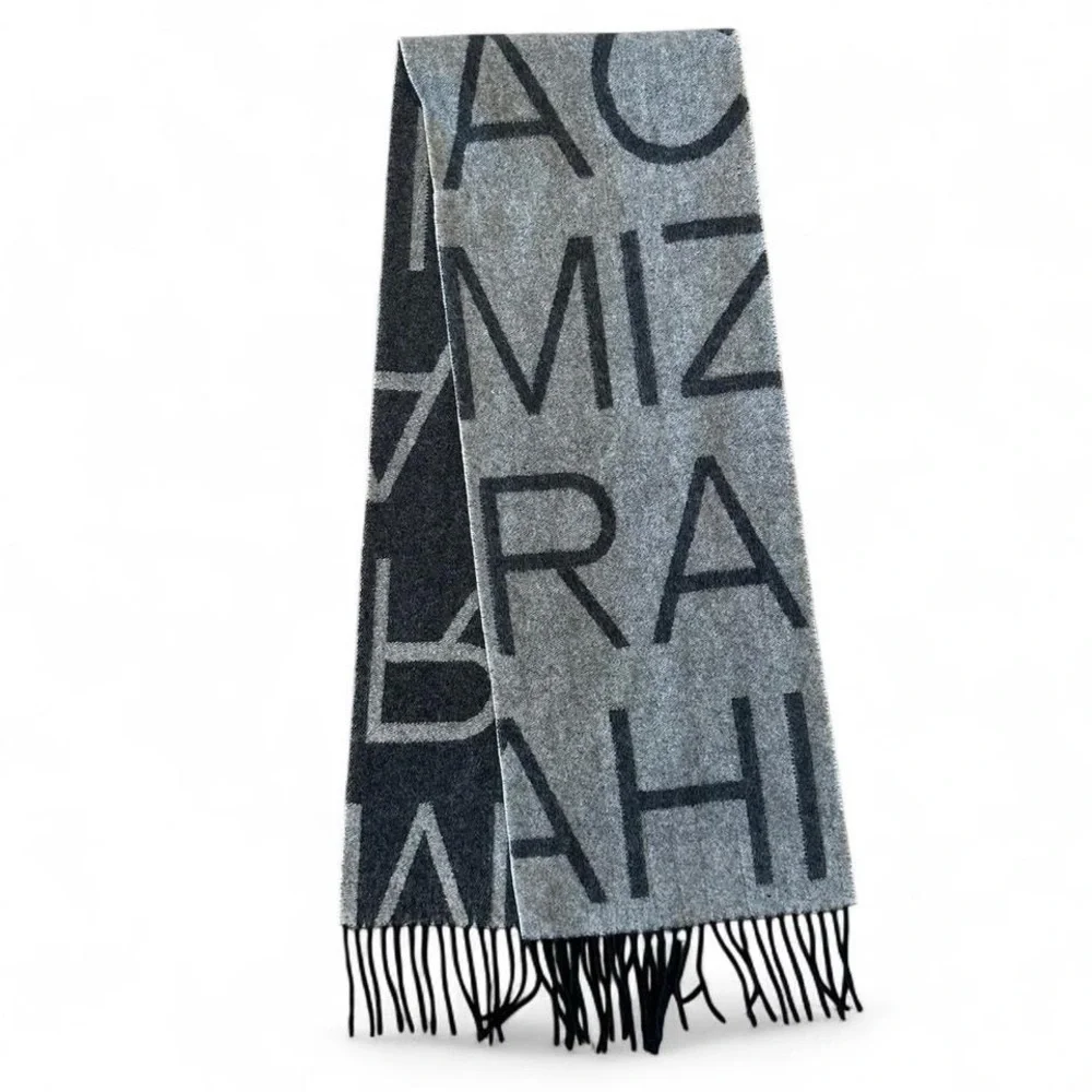 Isaac Mizrahi 100% Cashmere Logo Scarf Gray & Black Fringe Designer Winter Wrap